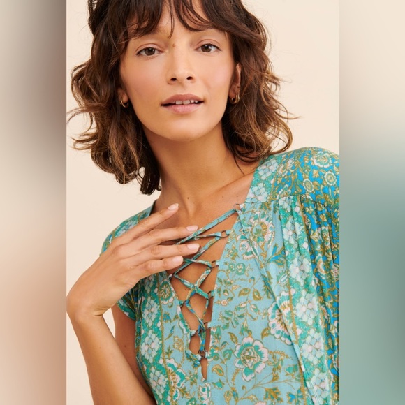 FREE PEOPLE HANALEI BAY LACE UP TIERED OVERSIZED TIERED FLORAL MAXI DRESS XS - Picture 4 of 16